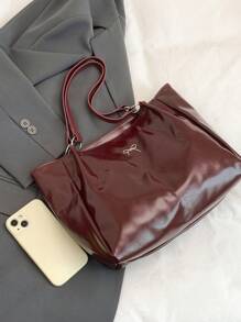 Women's Fashion Patent Leather Shoulder Bag, Butterfly Metal Decor, Lady Tote Bag For Work And Commuting