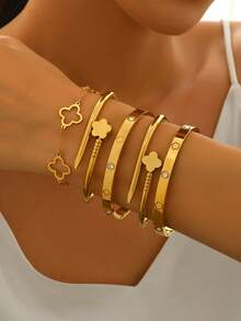 5pcs Stainless Steel Four-Leaf Clover Diamond-Encrusted Gold Bracelet Set, Not Easy To Fade, Inlaid With Zirconia, Fashionable And Elegant Golden Stainless Steel Bracelet For Ladies, Suitable For Daily Wear By Ladies,Jewelry Gold Jewelry Women Bracelets Accessories Women Stainless Steel Jewelry Bracelets For Women Western Jewelry - Gold - View 17