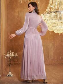 女士立领扭腰串珠亮片装饰优雅长灯笼袖连衣裙，适合婚礼、春季派对等场合 - 藕粉色 - 查看 3