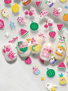 夏季新款清凉西瓜兔美甲贴，浮雕星星、草莓、樱桃等可爱俏皮的女孩图案，适合个人DIY美甲店和手机杯装饰贴 - 彩色 - 查看 2
