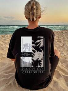 Women's Summer New Simple Slogan Print Casual Vacation Loose Fit Round Neck Apricot Short Sleeve T-Shirt, Fashionable Everyday Top, Suitable For Daily And Vacation Wear - Black - View 10