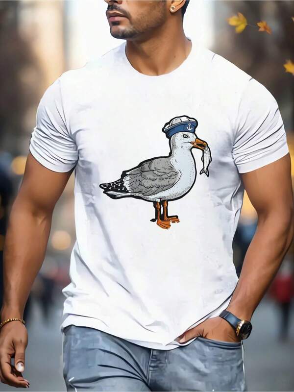 T-shirt graphique sirène et mouette (mode estivale), col rond pour homme, 220 g/m², manches courtes en pur coton (1 pièce)