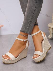 1 双女式新款厚底坡跟凉鞋，黑色，性感高跟露趾轻便防滑时尚系带凉鞋 - 米色 - 查看 1