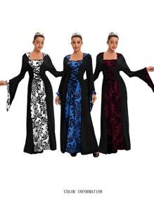 Bestseller mode femme européenne et américaine pour dîner, robe ample à capuche médiévale, cravate imprimée rétro artistique à manches longues, taille cintrée pour Halloween