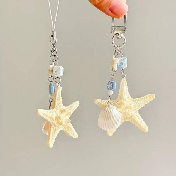 Creative Marine-Style Natural Shell Decor Keychain, Starfish Versatile Phone Charm Pendant, Vacation Bag Accessory, Versatile