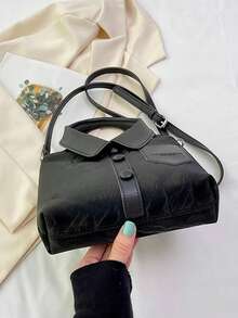 1个不对称PU皮革单肩斜挎包，时尚别致风格，独特简约方形手提包 - 黑色 - 查看 8