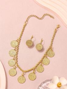 1 套宫殿奥斯曼土耳其硬币形状吊坠项链，配配套小耳环，婚礼/宴会/节日派对配饰，节日礼物 - 耳環 - 查看 7