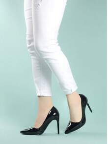Zapatos de tacón de mujer con punta elegante de recubierto artificial negro, stilettos de tacón alto - Negro Charol - Ver 2