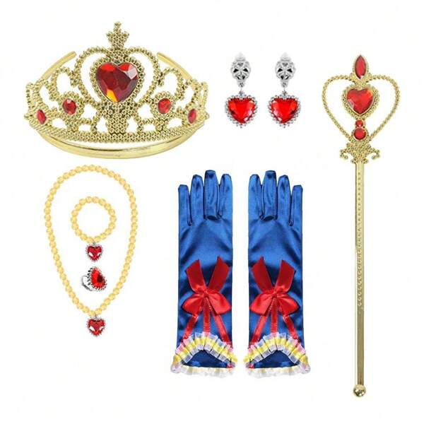 Conjunto de princesa - Collar con colgante en forma de corazón brillante, conjunto de corona con diamantes y cintas, varitas y guantes de color azul, rosa y celeste - Perfecto para Halloween, Navidad y Carnaval - Tema de ángel, Poliéster, lavable a mano, Perfecto para Navidad