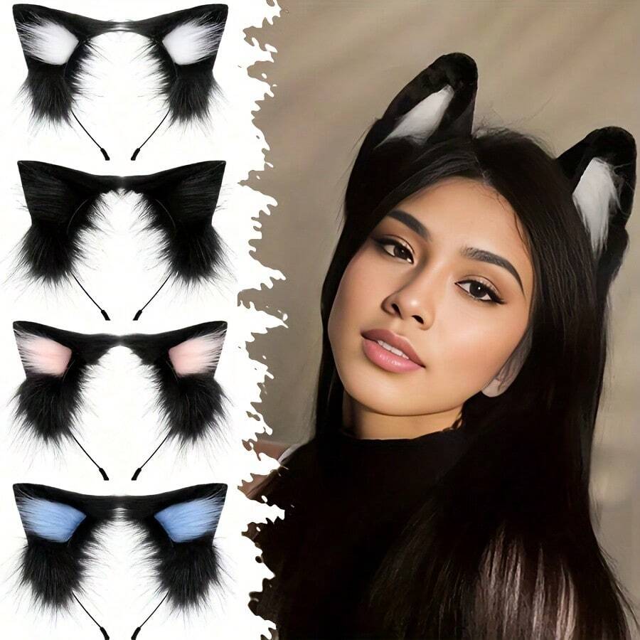 Cute And Sexy Women'S Plush Cat Ear Headband Hair Accessory, With Bendable Ears, Perfect For Role-Playing, Parties, And Daily Wear, Ideal For Halloween Parties And Valentine'S Day Gifts - 黑色 - 查看 1