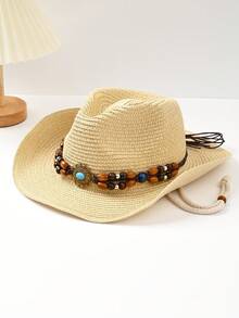 1 件宽边草帽，防晒西部牛仔帽/牛仔帽，夏季海滩防晒绳帽，便携式折叠设计 - 串珠裝飾草編帽 - 查看 19