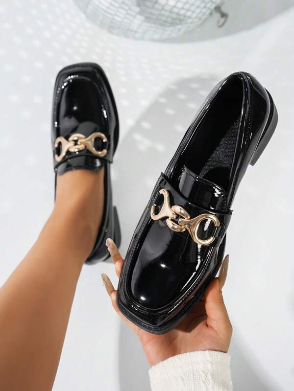 Fashionable Square Toe Irregular Round Ring Metal Decor Slip-On Flat Black Loafers, Casual & Comfortable Low Heel Womens Oxfords Suitable For All Seasons