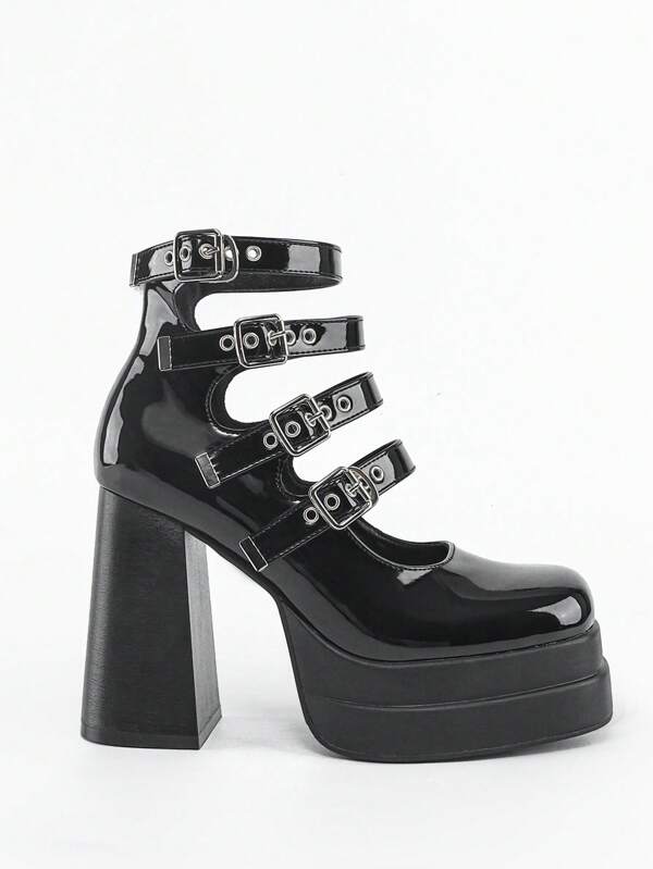 Sweet & Edgy Mary Jane Shoes For Women, French Thick Heels, Round Toe, Patent Leather