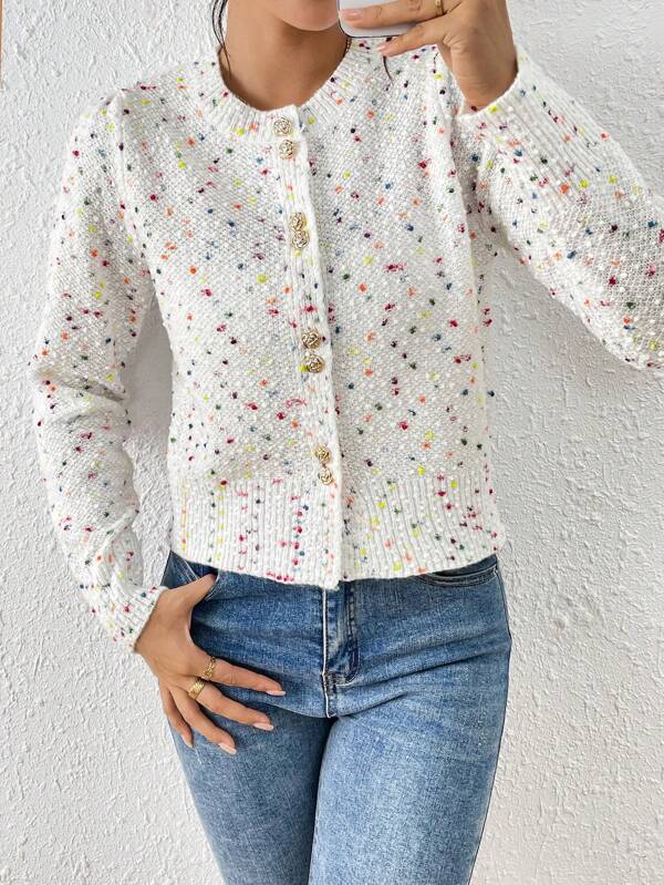 Cardigan elegante in maglia a pois da donna, maglione casual versatile a maniche lunghe con collo tondo e bottoni multipli