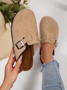 New Women's Thick Sole Round Toe Slip-On Mules, Canvas Apricot Color, Fashion Outdoor Slippers, All Season