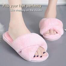 Local Delivery--LZLER Women's Cross Band Slippers, Soft Plush Fleece Lightweight Non Slip Open Toe Flip Flop Shoes House Indoor Outdoor Fur Fuzzy Slippers - Pinkish - 查看 3