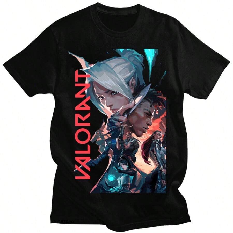 Valorant Hot Game Tshirt Top Graphic Men Vintage Goth Summer T-Shirt Hip Hop Tee Streetwear Unisex Oversized Cotton Top Clothes - 黑色 - 查看 1