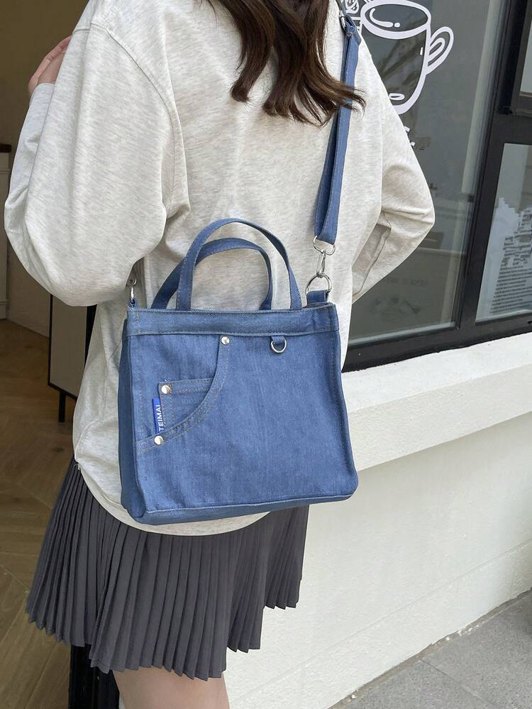牛仔布包女新款时尚简约文艺百搭手提包单肩帆布包斜挎小方包背包 - 淺藍色 - 查看 3