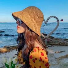 Classic Straw Braid Hat, Women's Beach Sun Hat, Versatile Bucket Hat, UV Protection, Spring/Summer Vacay Vibes Vacaciones Relax - Màu Khaki - Xem 3