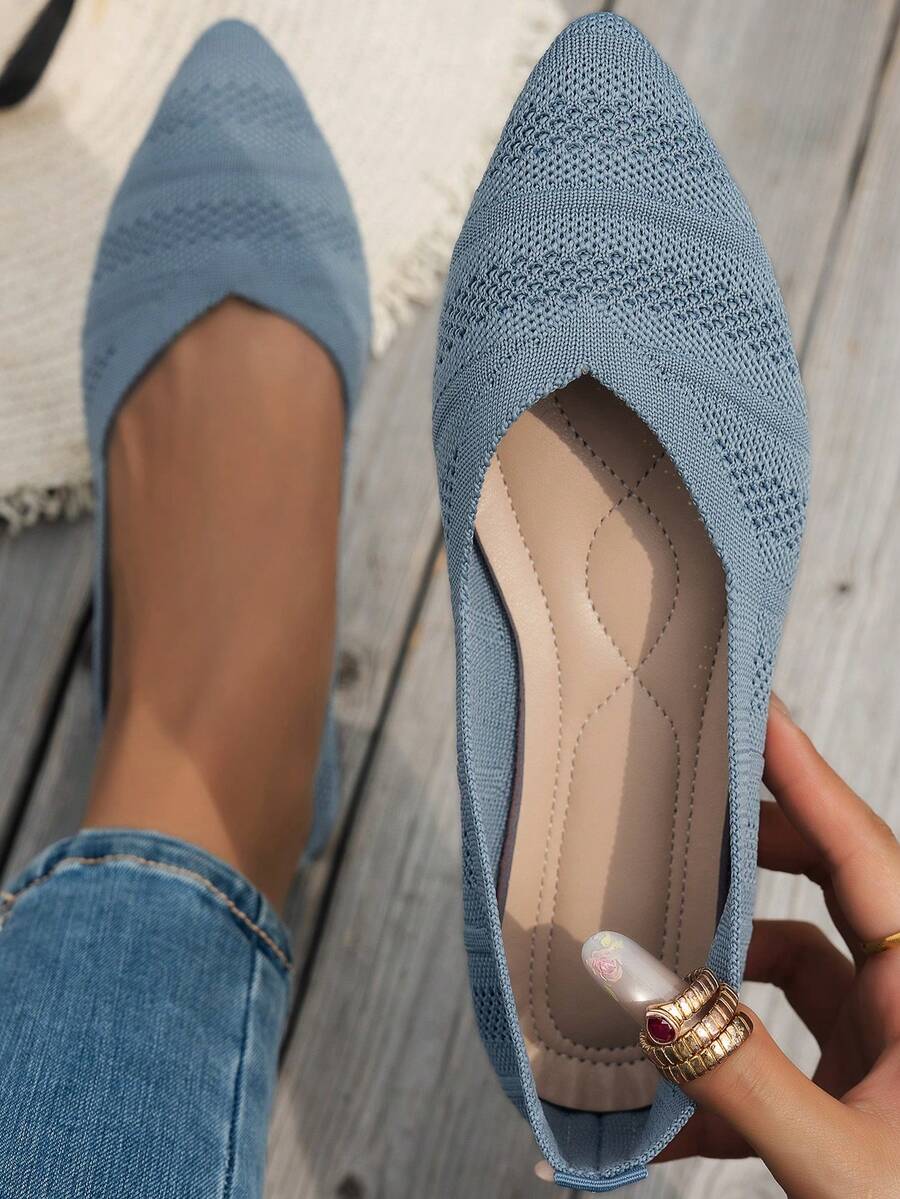 女士时尚尖头纯色针织一脚蹬休闲平底鞋，百搭 - 淺藍色30 - 查看 1