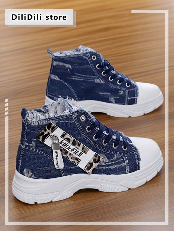 Fashionable Blue Leopard Print High-Top Canvas Sports Shoes For Women, Lace-Up Casual Sneakers With Side Zipper, Comfortable PVC Soles, Suitable For All Seasons