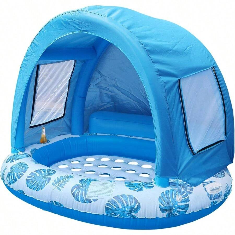 Floating Island Pool Float With Canopy2Person Extra Large Inflatable Water Float UPF50+ Sun Protection Builtin Cup Holders Blue 70" X 60" - Blue - View 1