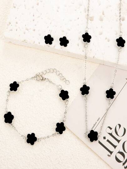 Conjunto de 3 piezas de collar, pulsera y aretes con trébol de cinco hojas de la suerte, moda versátil, regalo perfecto para el Día de la Madre, joyería de moda para mujeres