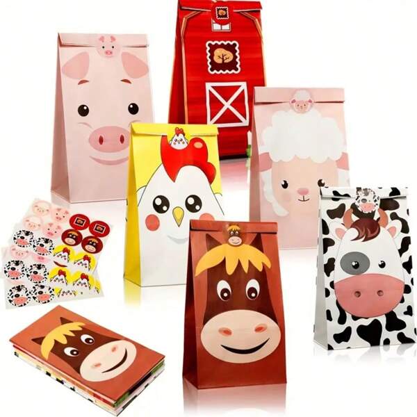12/24 szt. torebek papierowych z uroczymi motywami zwierząt gospodarskich, kreatywne torebki na prezenty na przyjęcia świąteczne, urodziny, słodycze, upominki, wielokrotnego użytku torebki na przyjęcia (z naklejkami)