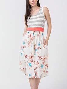 Boho Vintage Magenta Ivory Coral Pink Yellow Stripe  Band Trim Midi  Swing Southern Dress | Small-3 XL Plus - Hồng nhạt - Xem 5