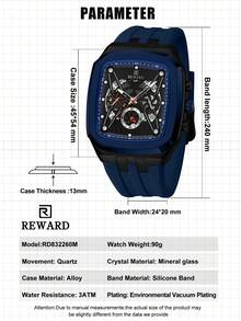 Reloj de cuarzo para hombres REWARD, de estilo de moda de negocios, con calendario, manecillas luminosas, multifuncional, de alta calidad, diseño clásico, con correa de silicona - Azul Marino - Ver 8