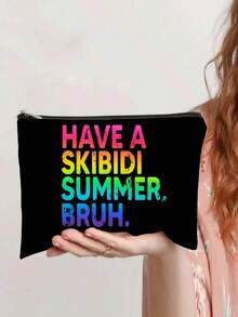 1 件装返校标语图案化妆包，双面印花收纳袋，可装铅笔、文具和小配件，涤纶面料铅笔盒，旅行必备，送给孩子的好礼物 - 彩色 - 查看 7