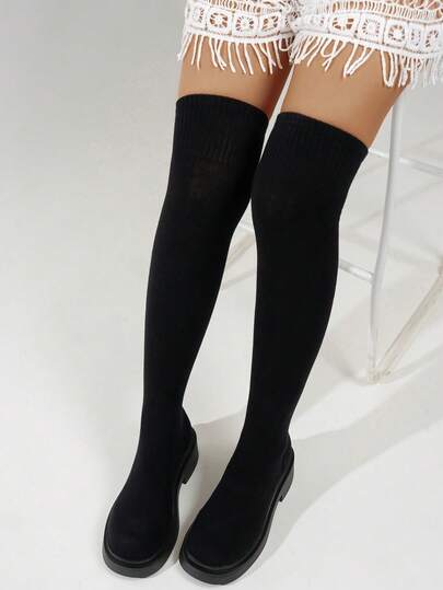 2025春秋新款厚底坡跟过膝女靴，韩版纯色复古靴，圆头针织弹力袜靴，增高朋克风骑马靴，套脚休闲户外长筒靴