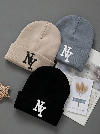 1/2/3 字母印花 NY 针织帽，适合男士，时尚，高端，防风，适合户外活动，休闲，日常佩戴，秋季帽子