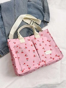 Spring/Summer New Large Capacity Multi-Pocket Cherry Print Tote Bag, Shoulder Crossbody Bag, Versatile Casual Commuter Handbag For Women - Pink - View 3