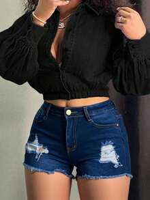 Pantalones cortos vaqueros de talle alto en azul marino con rotos y flecos, modernos y versátiles - Azul lavado oscuro - Ver 2