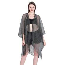 Playa de pareos para mujer,Bufanda plana, chal grande, manga de cinta dorada y plateada, chal con aberturas, blusa de bikini de vacaciones, ropa de protección solar - Negro+Hilo de plata - Ver 4