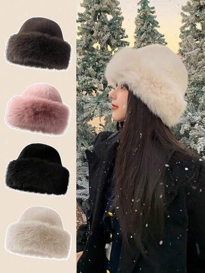 1 pieza Sombrero de cubo de felpa para mujer en invierno, sombrero grueso y de moda para mujer, gorro de invierno cálido, se puede combinar con abrigo de lana, ropa de invierno, atuendos de invierno