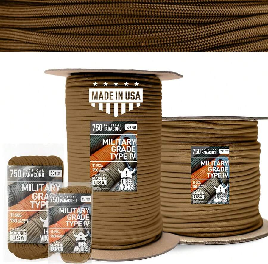 Three Vikings Paracord Rope - 100% Nylon 11 Strand Core - Type IV 750lb - Stronger Than Paracord 550 Cord - Made In USA - 土狼棕 - 查看 1