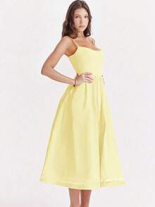 Vestido de fiesta elegante de verano con cuello en U, drapeado y bajo acampanado de unicolor - Amarillo - Ver 3