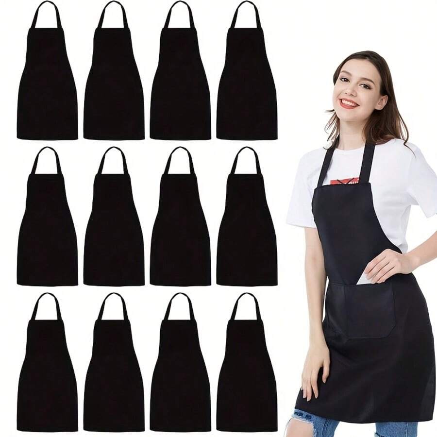 1PC Kitchen Essential | Bộ tạp dề đen số lượng lớn có túi phía trước và dây đeo cổ có thể điều chỉnh, thích hợp cho nấu ăn, BBQ, nghệ thuật và sử dụng trong bếp - , Chất liệu ít bảo trì - màu đen - Xem 1