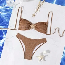 wohenmeili 2pcs Patterned Fabric Sexy Bikini Set For Women - Mocha Brown - View 4