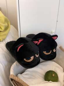 XIXITIAO 1 đôi dép bông ấm áp hình mèo đen mắt to dễ thương, dép đi trong nhà thoải mái cho nữ, thích hợp cho mùa thu/đông. - màu đen - Xem 6