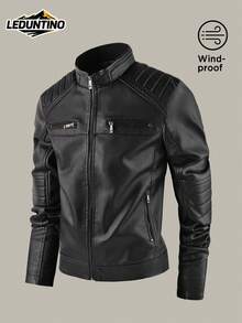 LEDUNTINO Men's Fashion Zip Up Casual Biker Leather Jacket, Sports, Solid, Bomber, Stand Collar, Men Spring Fall Outdoor Motorcycle Jacket, Perfect For Outdoor And Commuting, Ideal Gift For Boyfriend Or Husband,Fleece,Winter - Black - View 1