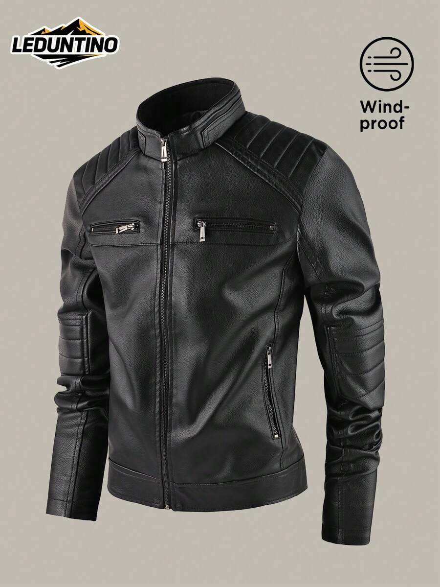 LEDUNTINO Men's Fashion Zip Up Casual Biker Leather Jacket, Sports, Solid, Bomber, Stand Collar, Men Spring Fall Outdoor Motorcycle Jacket, Perfect For Outdoor And Commuting, Ideal Gift For Boyfriend Or Husband,Fleece,Winter - Black - View 1