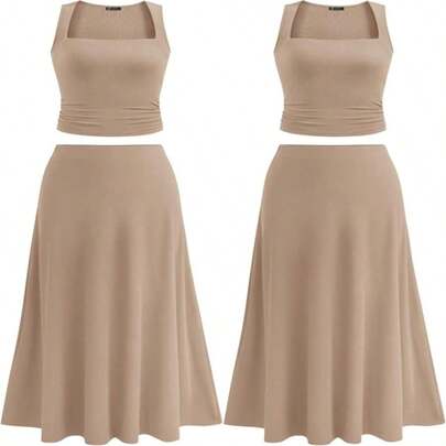 Skirt Sets Women 2 Piece Outfits 2025 Summer Casual Knit Tank Tops Flowy Midi Skirts Matching Vacation Clothes