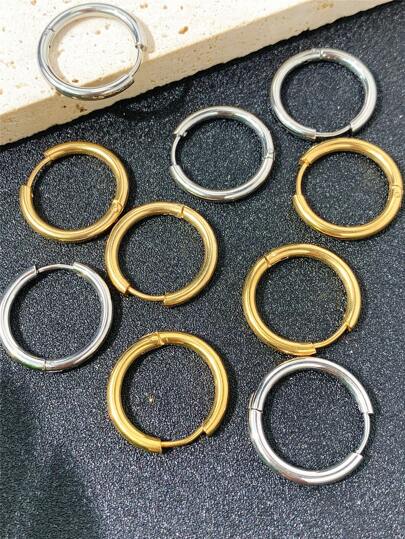 10 piezas Pendientes de aro circulares minimalistas de acero inoxidable, accesorios de clip para las orejas de moda versátiles unisex para hacer joyas DIY