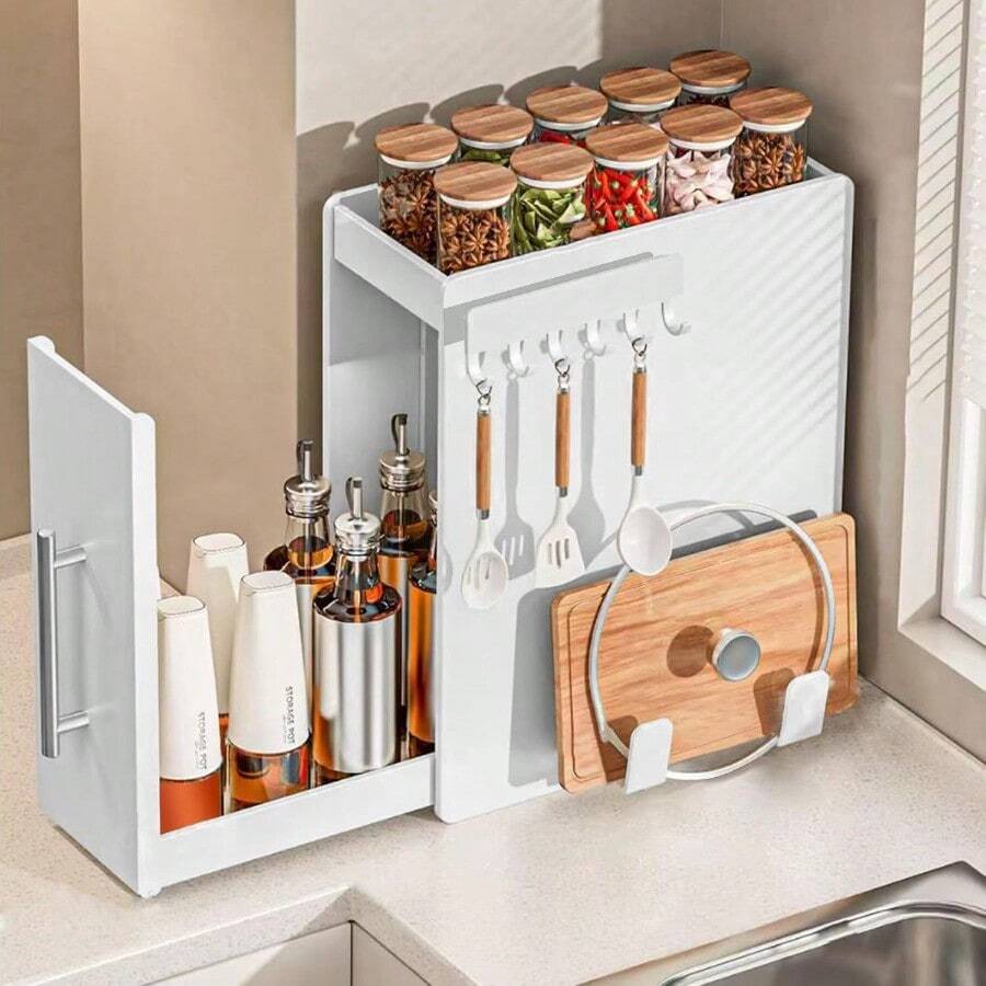 DCGLA 隠せる調味料ラック 調味料ラック スリム 調味料 収納 大容量 引き出し式 コンロ横 キッチンラック キッチン収納 完成品 車輪付きです 磁気吸着式まな板ラック付き 磁気吸着式フック付き - ホワイト - チェックする 1