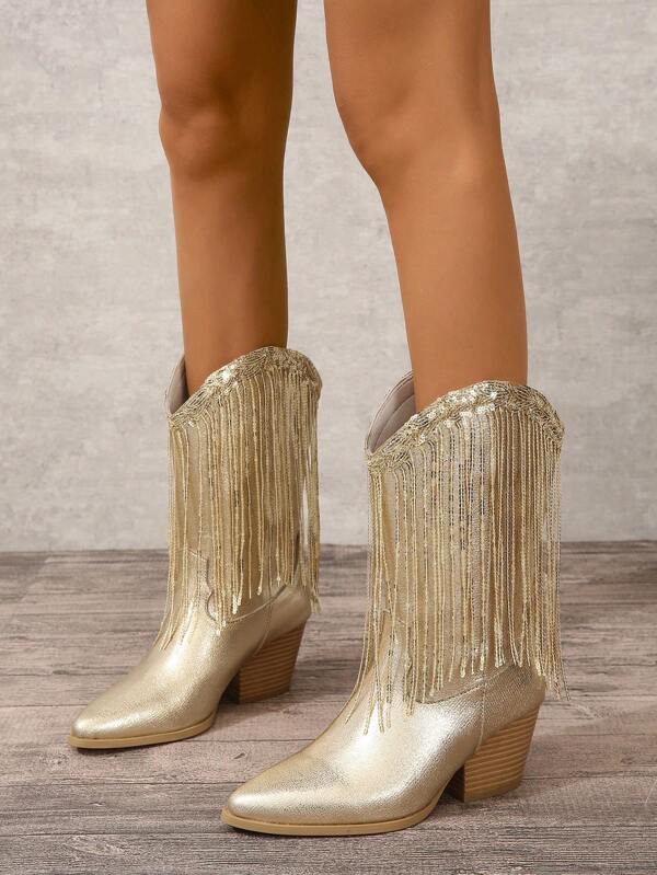 Women's New Asymmetrical Fringed High Heel Pointed Toe Gold Knight Boots, Fashionable Boots For Women