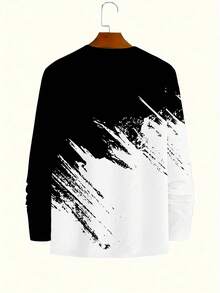 Maglietta a maniche lunghe casual a blocchi di colore bianco e nero con motivo 3D, adatta per attività all'aperto, top traspirante a collo tondo, lavabile in lavatrice, versione regolare, design alla moda, moda streetwear, struttura durevole - Multicolore - Visualizzare 3