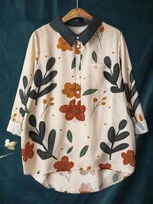 复古抽象花卉印花透气休闲亚麻衬衫，适合大码女士，百搭日常穿着 - 米色 - 查看 1